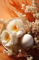 ai genererad påsk ägg med vit blommor foto