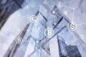 dubbel exponering bitcoin och blockchain koncept. digital ekonomi och valutahandel