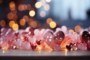 ai genererad hjärtan på silver- yta, suddig och rosa med hjärtan hjärtan foto