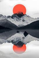 ai genererad snöig bergen omgiven förbi symmetri i de Centrum svart, vit, och röd färger. eleganta landskap vykort. hög upplösning. ai generativ foto
