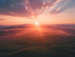 ai genererad soluppgång över de horisont av de bergen antenn se filmiska Foto. hög upplösning. ai generativ foto