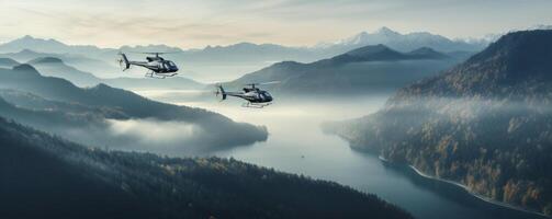 ai genererad paragliders flygande i de bergen foto