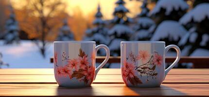 ai genererad två kaffe glasögon är lutande mot en trä- bänk, vänd de snö foto