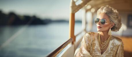 ai genererad kvinna i solglasögon Sammanträde på däck av Yacht foto