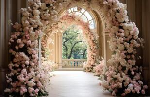 ai genererad vit och rosa trädgård båge bröllop foto