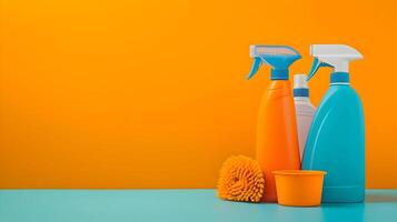 ai genererad hushållning leveranser minimal begrepp orange och blå färger. rengöringsmedel och annorlunda borstar. hög upplösning. ai generativ foto