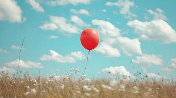 ai genererad en realistisk fredlig Foto av de röd ballong på de blå himmel bakgrund. hög kvalitet. ai generativ