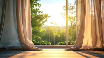ai genererad brun gardiner på de fönster med en pacifying grön landskap. solig dag i de rum. hög kvalitet. ai generativ foto