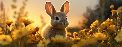 ai genererad ung gul kanin på gräs nära de Sol foto