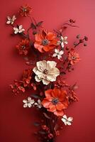 ai genererad traditionell blommor och röd färgad vägg foto