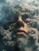 ai genererad en kvinnas ansikte varelse mediterar i moln med stängd ögon. hög upplösning. ai generativ foto