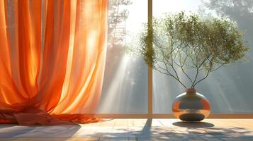 ai genererad orange gardiner i de modern rum med en trä- golv med de designad växt. solig dag i de rum. hög kvalitet. ai generativ foto