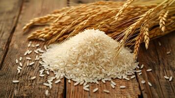 ai genererad en näve av lång spannmål vit ris spill ut på de trä- tabell. mat Foto, ljus naturlig färger. hög kvalitet. ai generativ foto