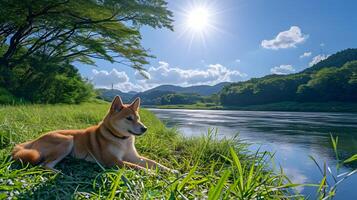 ai genererad en avslappnad Lycklig hund på de gräs nära de flod under de Sol. sommar tid. hög kvalitet. ai generativ foto