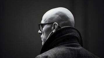 ai genererad en skallig man i specs minimalism. eleganta affärsman svart och vit Foto på en mörk bakgrund. hög upplösning. ai generativ