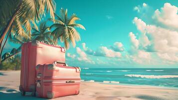 ai genererad två rosa resväskor på de strand. semester solig Foto med moln i de himmel. hög upplösning. ai generativ