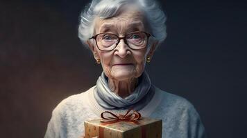 ai genererad leende gammal lady med jul gåva porträtt, neuralt nätverk genererad konst foto