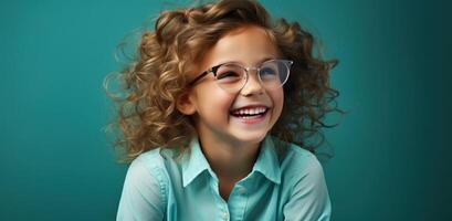 ai genererad ung flicka med glasögon leende i blå bakgrund, foto