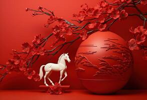 ai genererad år av de häst och blommor på röd bakgrund foto