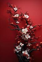 ai genererad en röd bakgrund med en mandala och kinesisk lyktor foto