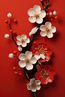 ai genererad en röd bakgrund med en mandala och kinesisk lyktor foto