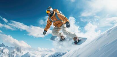 ai genererad en snowboardåkare flygande genom en snöig dal i ett orange hatt foto