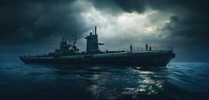 ai genererad en stor svart u-båt i de hav under ett gammal molnig himmel foto