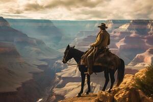 ai genererad cowboy på de häst på kant av de stor kanjon, neuralt nätverk genererad fotorealistisk bild foto