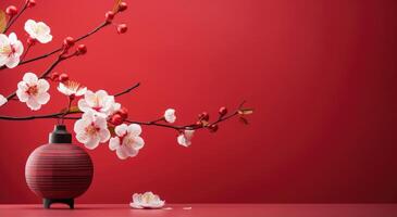 ai genererad kinesisk lykta i blomma mot röd bakgrund foto