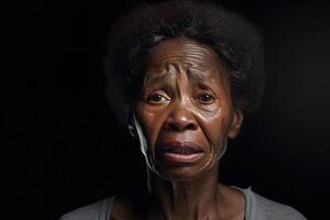 ai genererad arg senior afrikansk amerikan kvinna skrikande, huvud och axlar porträtt på svart bakgrund. neuralt nätverk genererad bild foto