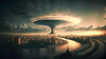 ai genererad kärn explosion svamp moln över ryska stad på morgon, neuralt nätverk genererad konst foto