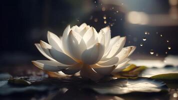 ai genererad zen atmosfär - lotus blomma på vatten yta med bokeh. neuralt nätverk genererad bild foto