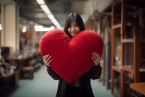 ai genererad leende asiatisk kvinna innehav stor röd hjärta kudde inomhus, neuralt nätverk genererad fotorealistisk bild foto