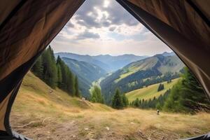 ai genererad se från turist tält till de berg dal på solig sommar morgon, neuralt nätverk genererad bild foto