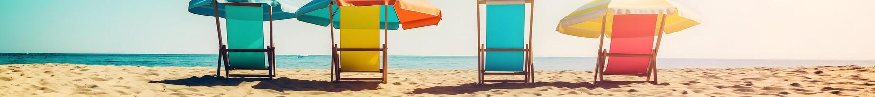ai genererad strand paraplyer med stolar på de sand strand - sommar semester tema rubrik, neuralt nätverk genererad konst foto