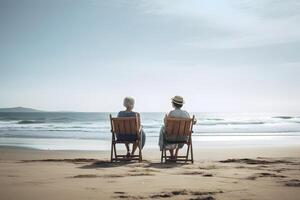ai genererad två kvinnor Sammanträde på stolar på strand ser på hav horisont, neuralt nätverk genererad konst foto