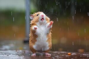 ai genererad hamster dans i de regn, neuralt nätverk genererad bild foto