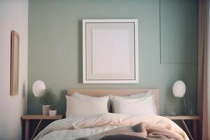 ai genererad attrapp bild ram hängande ovan de säng i vit bemästra sovrum interiör, neuralt nätverk genererad fotorealistisk bild foto