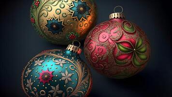 ai genererad färgrik jul bollar med komplex ornament närbild, neuralt nätverk genererad konst foto