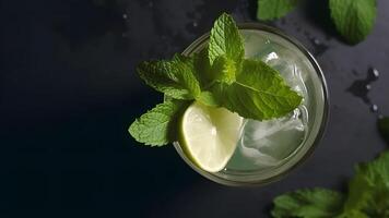 ai genererad topp se av uppfriskande mynta cocktail mojito i en glas på svart bakgrund med kalk, mynta löv och is, neuralt nätverk genererad bild foto