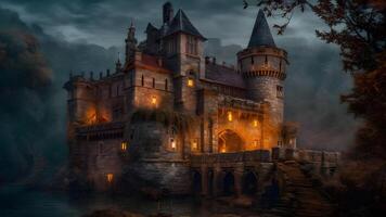 ai genererad mörk dimmig natt scen med gotik medeltida sten slott byggnad, neuralt nätverk genererad bild foto