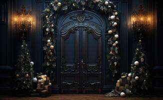 ai genererad jul dörr dekor främre dörrar och verandor foto