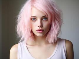 ai genererad skön ung kvinna med rosa hår Framställ i svart tshirt flicka med rosa hår foto