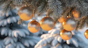 ai genererad jul träd med glitter bollar hängande på grenar i bakgrund foto