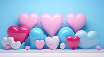 ai genererad blå och rosa färgrik hjärta leksaker förbi de trä med ljus abstrakt foto