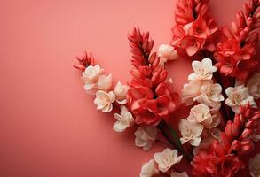 ai genererad kinesisk ny år, papper hyacint, rosa röd bakgrund foto
