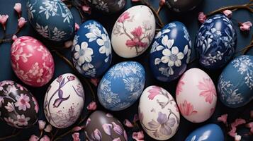 ai genererad färgrik, handmålad påsk ägg av ett antik stil med blommor foto