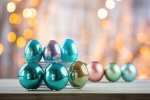 ai genererad färgrik påsk ägg på en tabell mot en suddig bakgrund, foto
