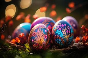 ai genererad påsk ägg på gräs med färgrik bakgrund foto