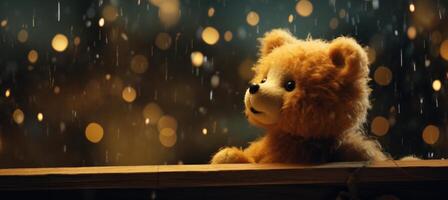 ai genererad liten teddy Björn med stjärnor på ett tömma fönsterkarm foto